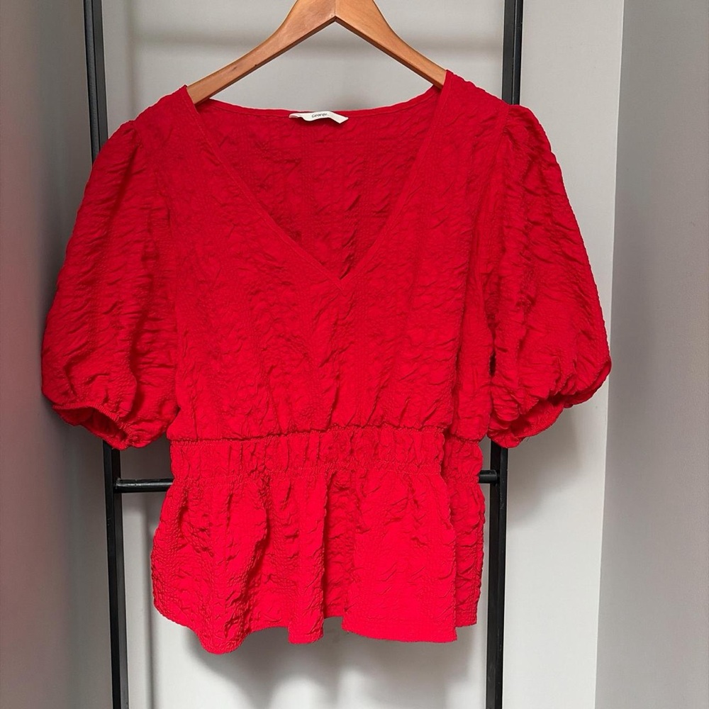 Red Textured V-Neck Puff Sleeve Top